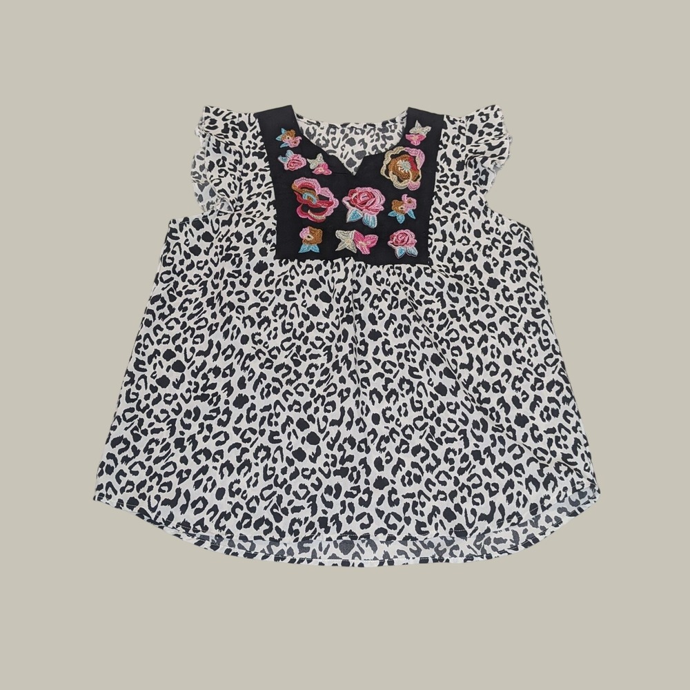 Unbranded Leopard Print Floral Embroidered Blouse M Black White Boho Chic Top